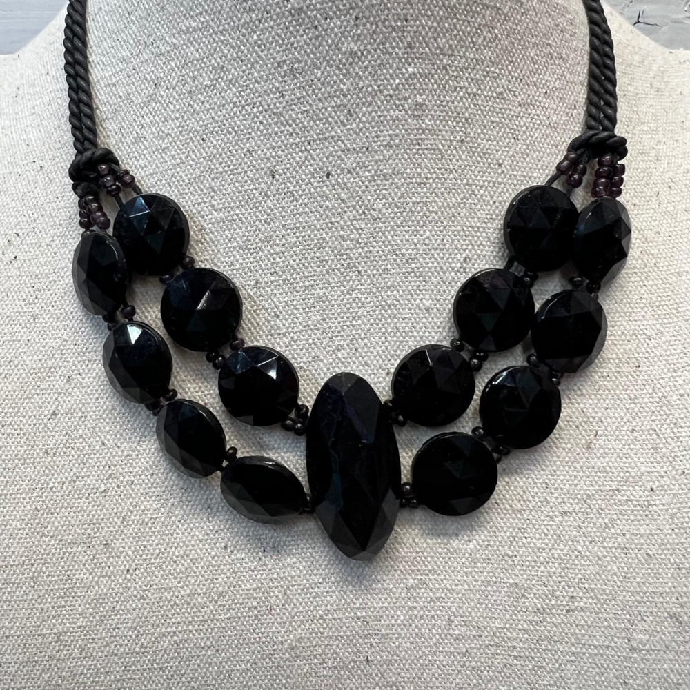 Vintage Black Faceted Bead Necklace Chunky Statement Adjustable Collar 90s